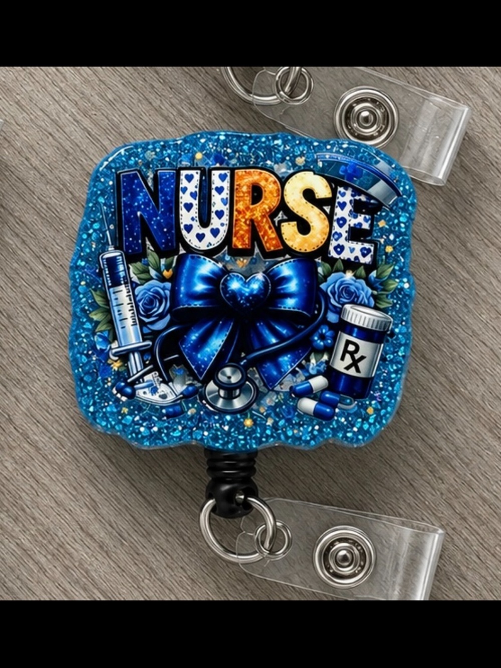 Blue Nurse Glitter Badge Reel - Nursing Retractable ID Holder